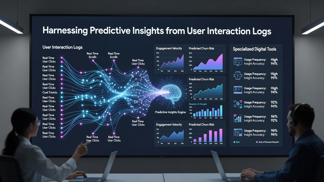 Team of analysts reviewing predictive models derived from user logs in specialized software environments